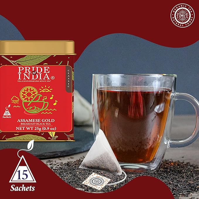 Pride of India | PACK of 6 - Assamese Gold English Breakfast Blend | 15 Premium Pyramid Full Leaf Individually Wrapped Tea Bags | Full-Bodied, Strong & Malty Flavor | Single Estate Classic Tea