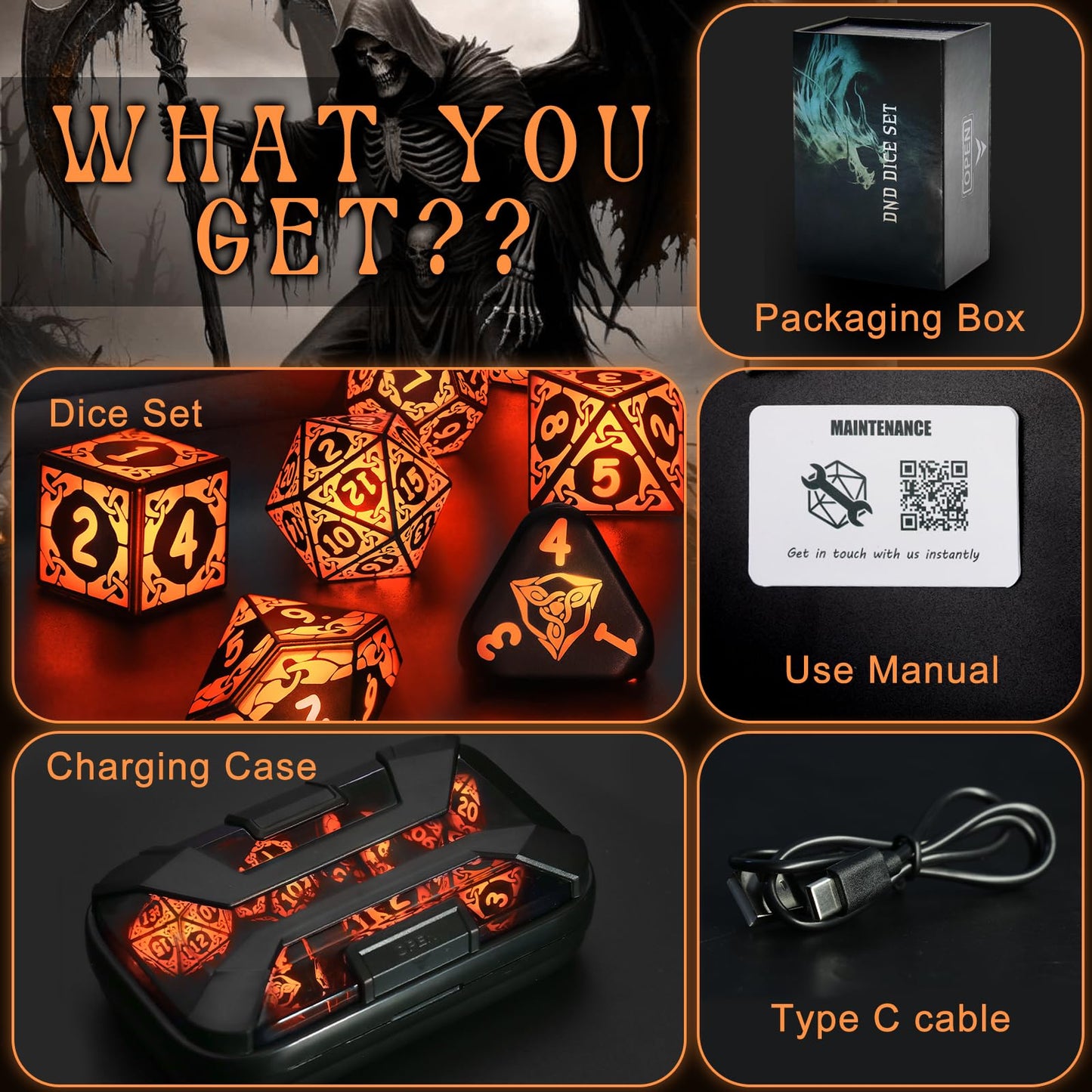 LED Dice Set for DND - Magical Glow Light Up Dice, Rechargeable Polyhedral Dice, Wireless Charging Case & Full 7-Die Set, for D and D RPG Games (Orange)