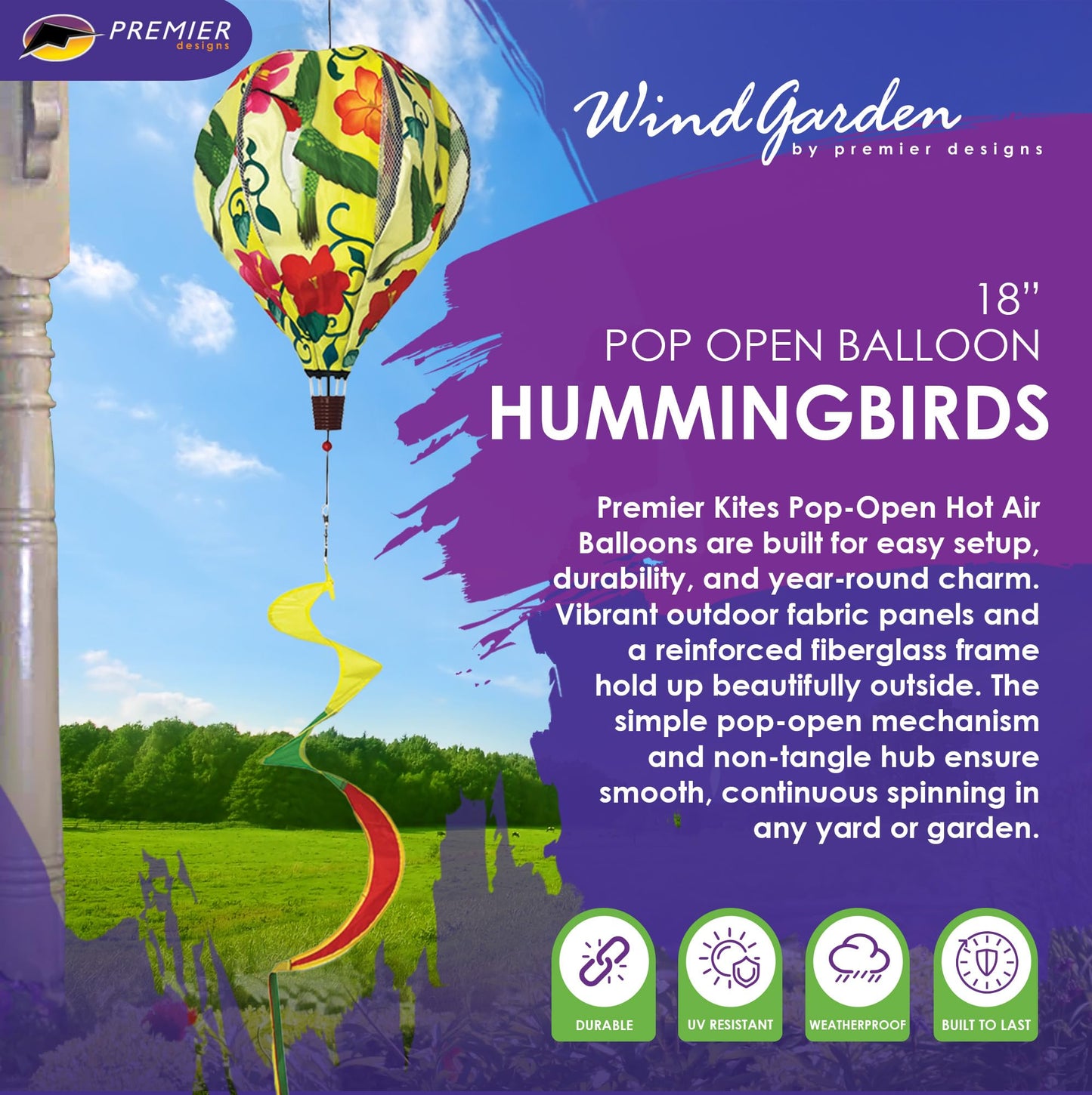 Premier Kites 18” Pop-Open Hot Air Balloon Hummingbirds – Durable Oxford Fabric, Reinforced Fiberglass Frame, Easy Click-Lock Assembly, Heavy-Duty Non-Tangle Hub, Outdoor Wind Spinner Decoration