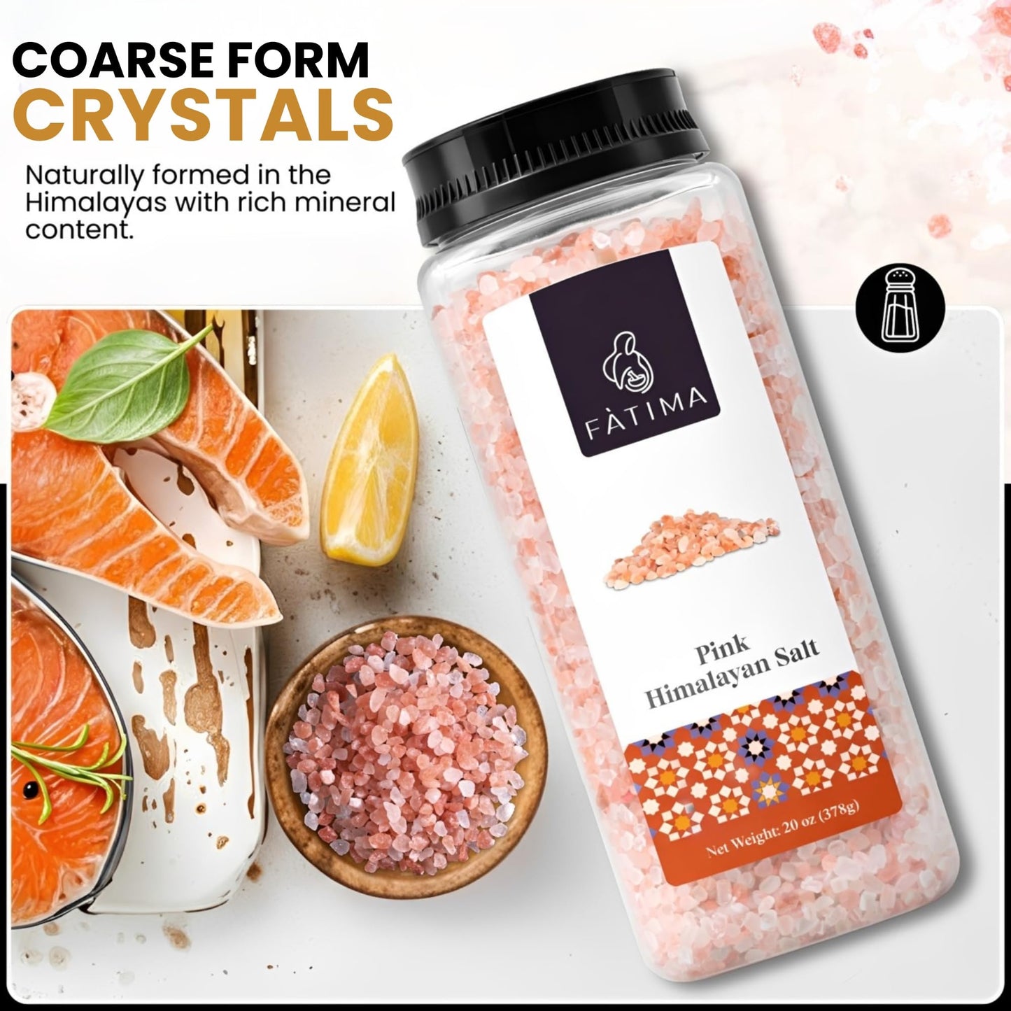 Fàtima Pink Himalayan Salt | 100% Pure & Mineral-Rich Coarse Himalayan Pink Salt Crystals | Natural, Non-GMO, Fine Grain for Grinder Refill, Cooking, Seasoning & Table Use | 20 Oz