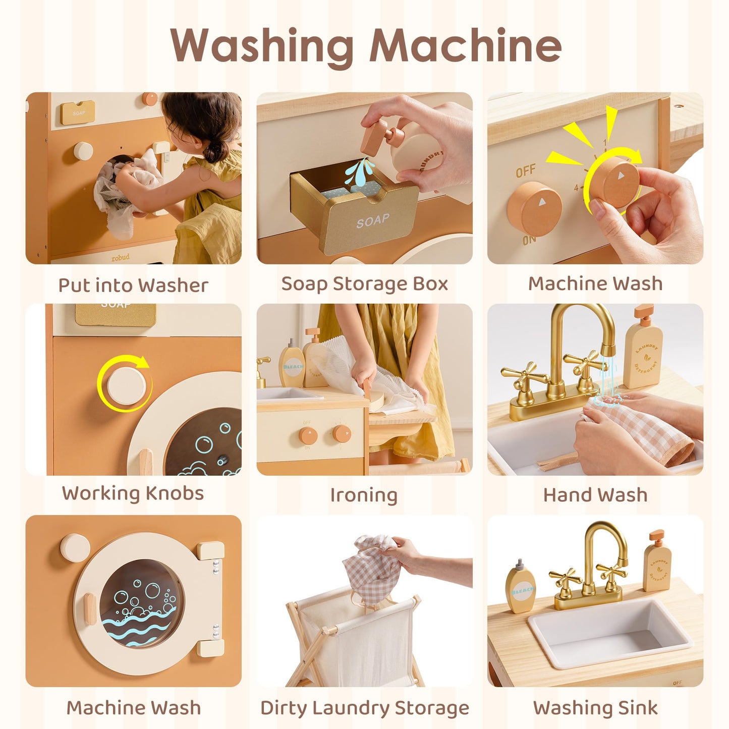 ROBUD Wooden Play Kitchen, 4-in-1 Kids Kitchen Playset with Fridge, Washing Machine, Dishwasher, Toddlers Role Play Kitchen Set Gift for Boys & Girls, Age 3+ (Caramel)