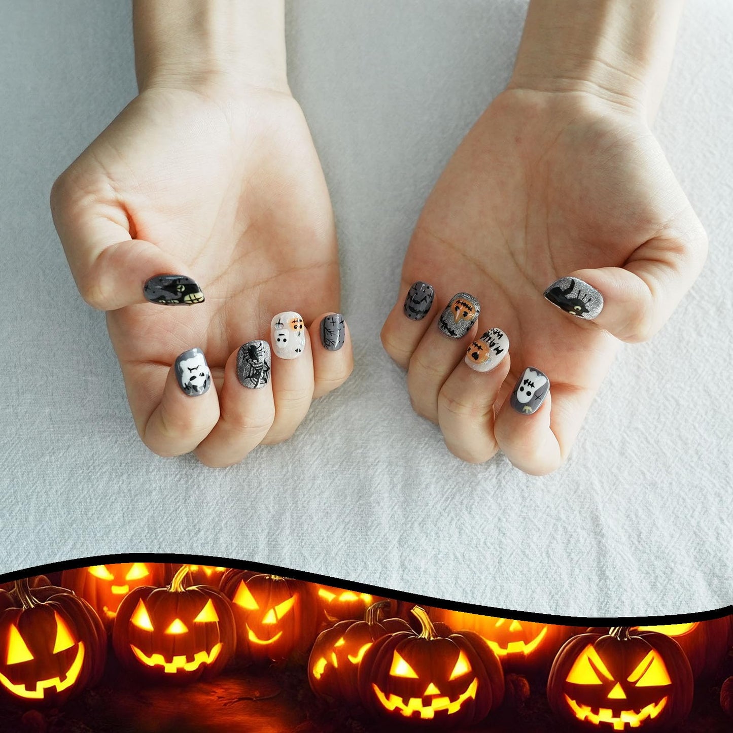 Grey Glitter Press on Nails Short Square - Handmade 3D Cartoon Ghost & Cat Design, Luxury Y2k Fake Nails, Reusable Multi-Layer Gel Nails Art (Autumn Haunted Story,S)