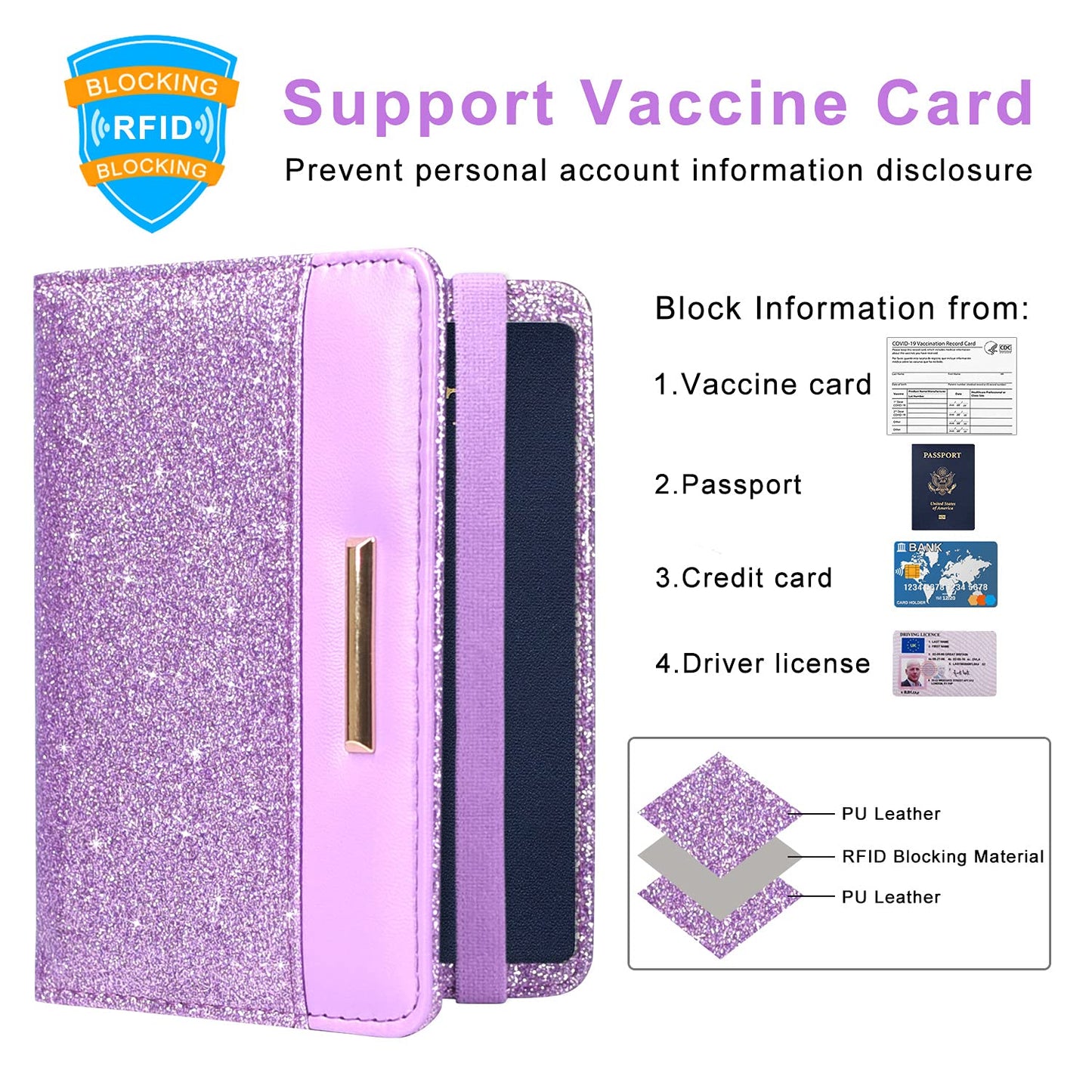 Caweet Passport Holder and Vaccine Card Holder Combo RFID Blocking Leather Vaccination Card Wallet with Elastic Band Closure, Glitter Purple