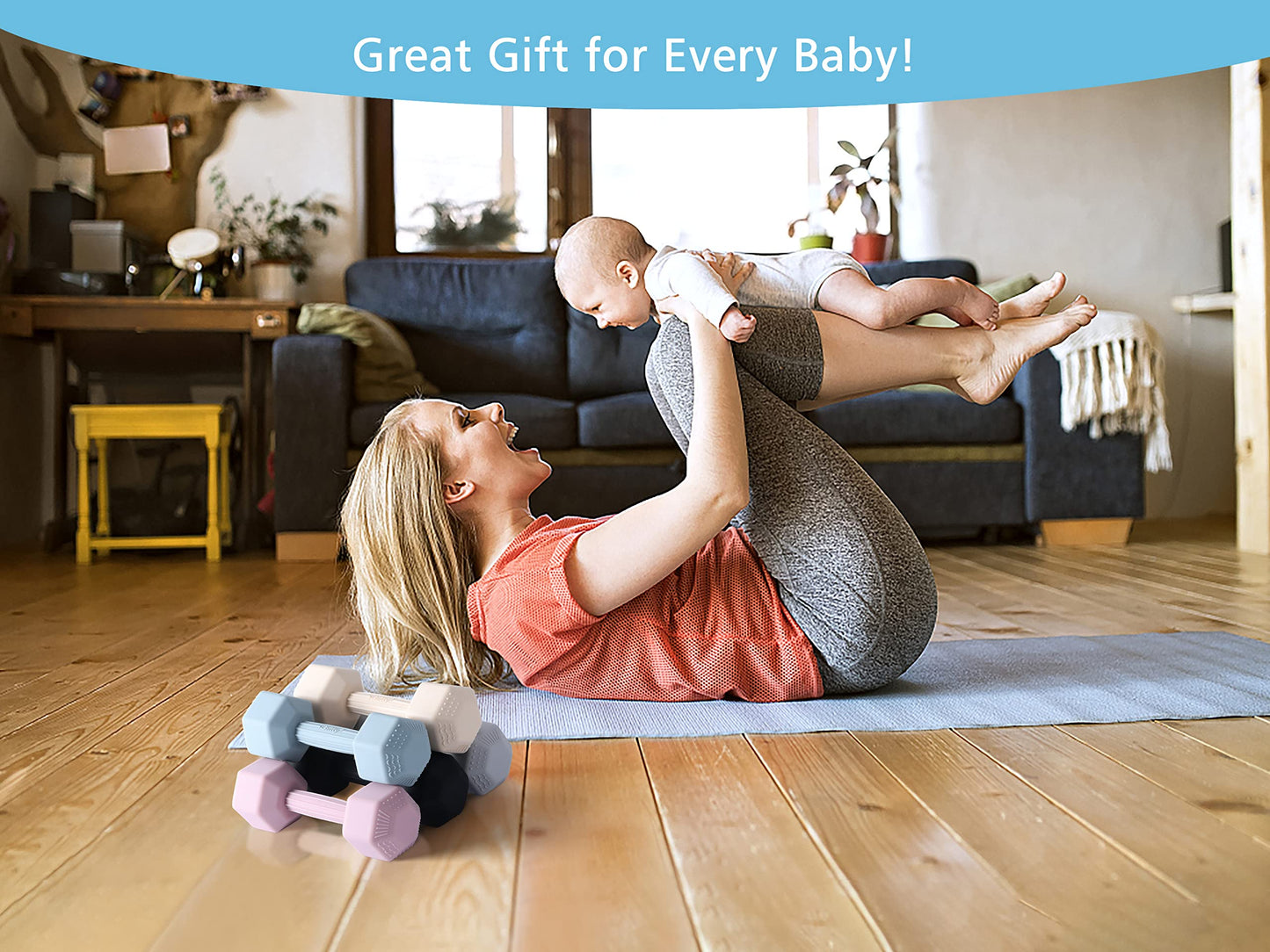 Baby Dumbbell - Silicone Infant Rattle Teether, Toddler Sensory Toy, Durable Safe Exercises Workout Weight - Great Gift for Girls and Boys (1pcs - Black)