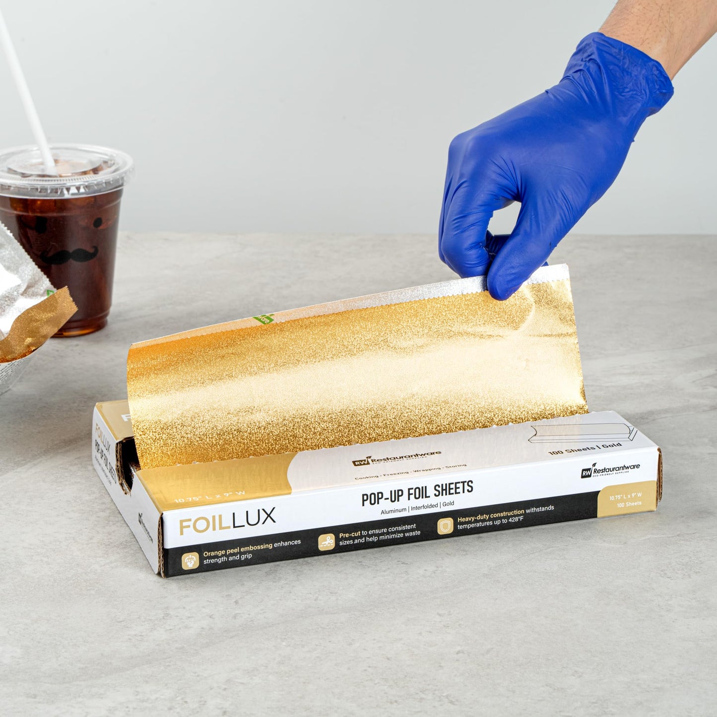 Restaurantware Lux Pop-Up Foil Sheets - 10.8 x 9 Inch, 100 Gold Embossed Aluminum Foil Papers, Greaseproof, Freezable & Oven Ready