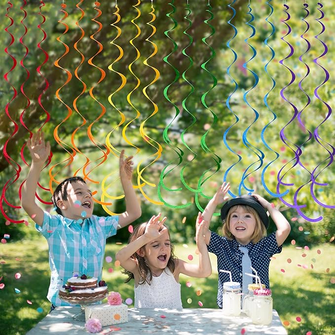 pinkblume 36Pcs Rainbow Hanging Swirl Decorations – Colorful Felt Spiral Ceiling Decor for Birthday & Party