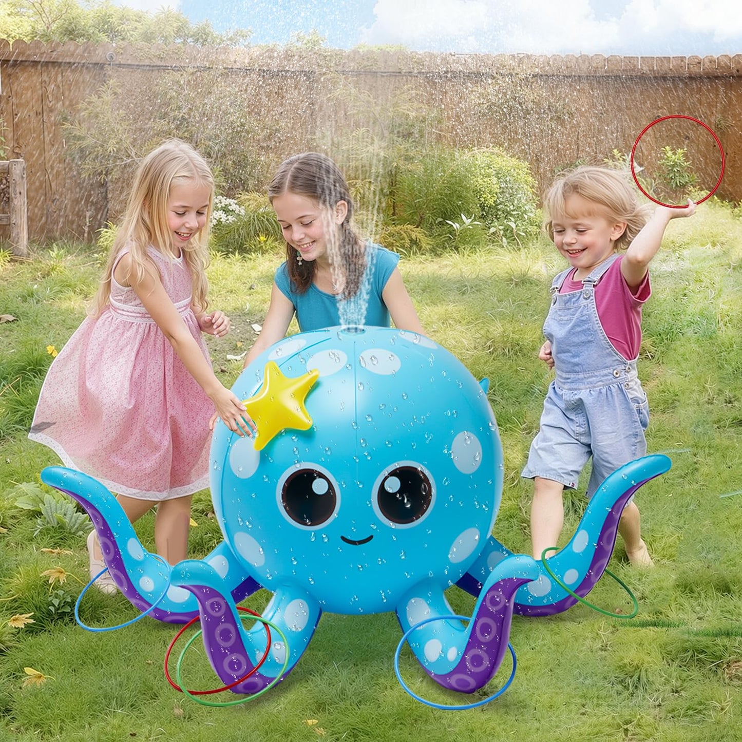 Sprinkler for Kids, Inflatable Octopus Water Toys with 6 Rings, Kids Sprinklers for Yard, Summer Outdoor Toys Backyard Water Spray Sprinkler Fun Toy for 3 4 5 6 7 8 Years and Up Boys Girls Gifts