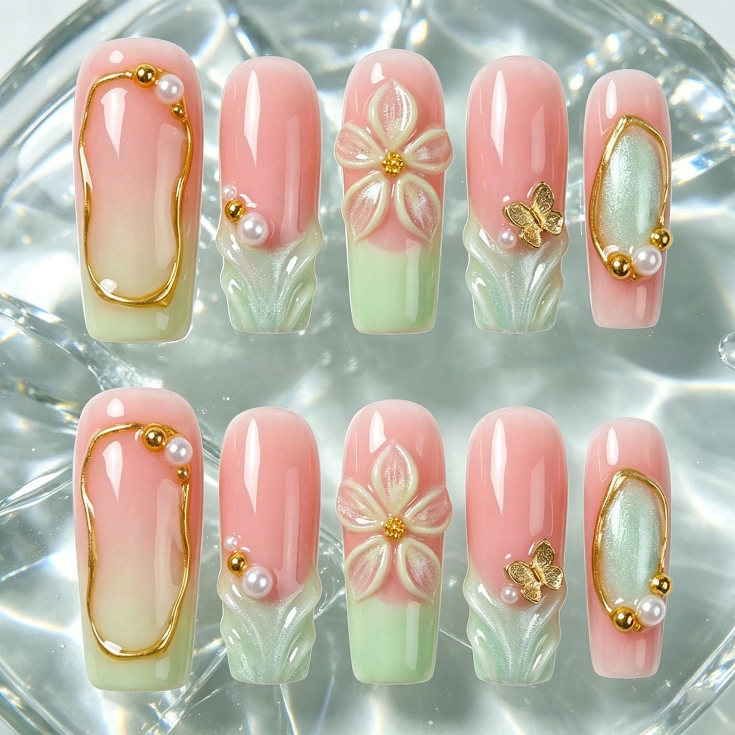 Long Square Press on Nails Handmade 3D Cute Glue on Nails for Women, Luxury Homemade Press on Nail Art Design, Fake Nails with 3D Nail Charms Size M 2