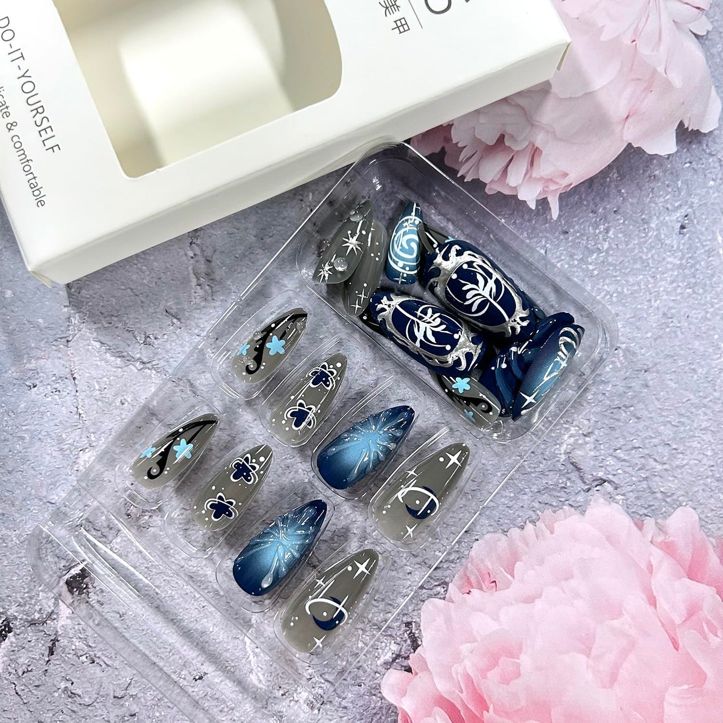 CJDLTS Dark Black Medium Almond Shaped Silver Stripe with Starry Sky Bubble Design Stick on Nails Full Cover Reusable Coffin Press on Nails Artificial Acrylic Fingernails for Women Manicure 24Pcs
