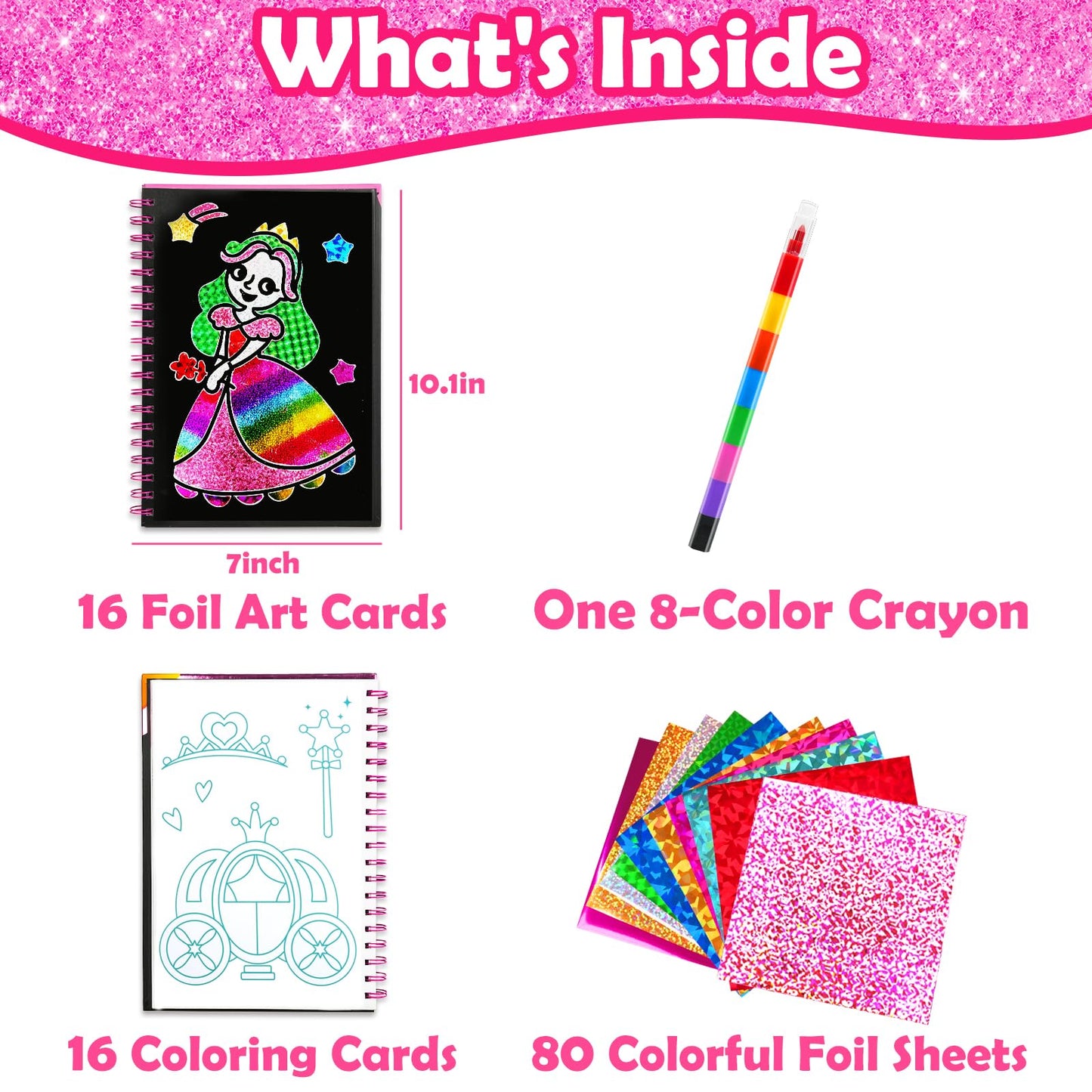 FUNNYB&G Foil Art Craft Kit for Girls 4-10 Years Old: Mess-Free & No-Glue, Create 16 Sparkly Princess Unicorn Pictures – Perfect Travel Toy & Birthday Gift for Kids (Princess)