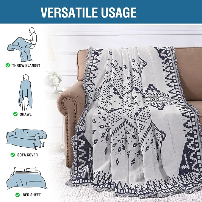 H.VERSAILTEX Reversible Sofa Cover Couch Cover for Dog Sofa Slipcover for Most Shape Sofa Furniture Protector with Tassels Sectional Couch Cover (Medium: 71" x 91", Navy/White)
