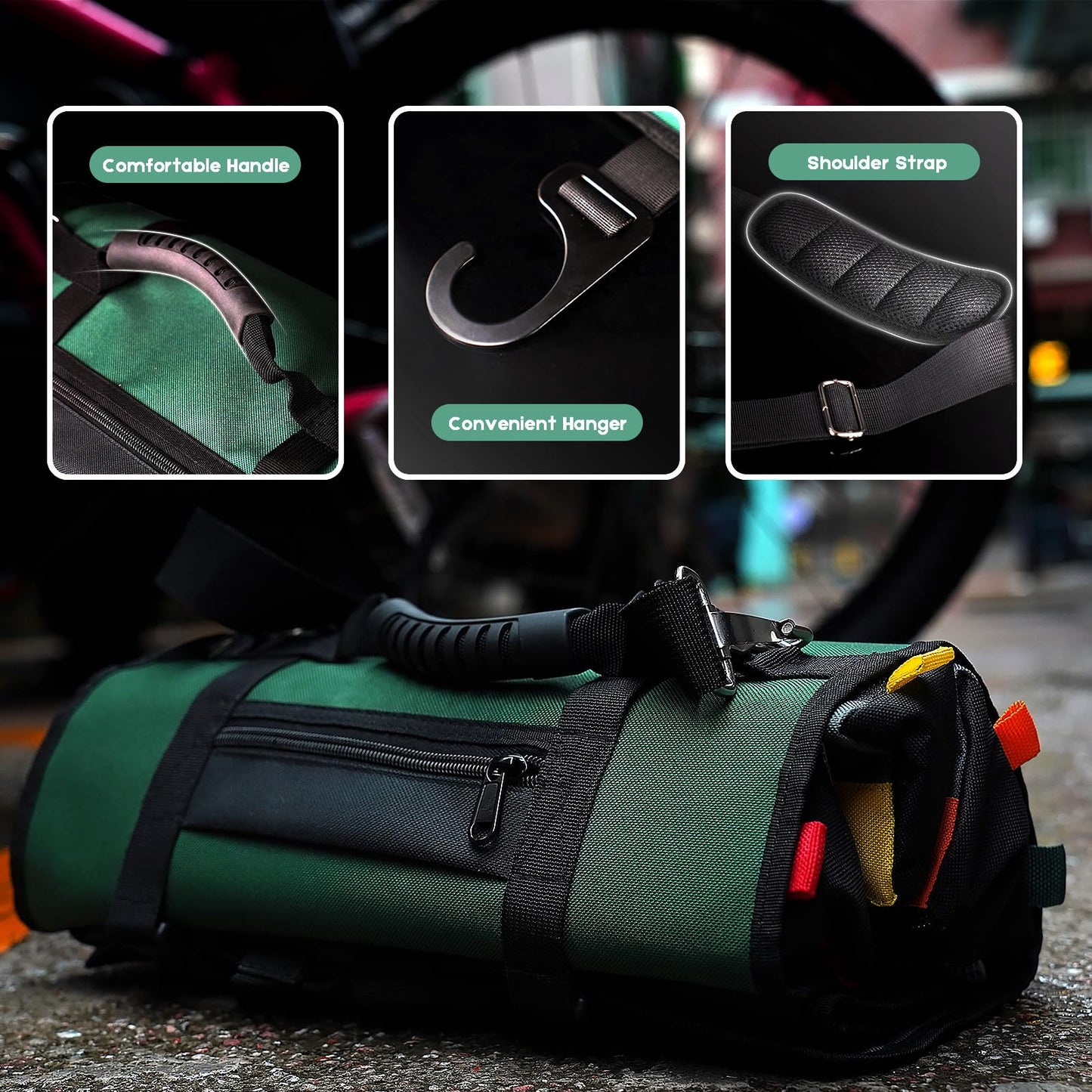 Faoyoon Heavy Duty Roll Up Tool Bag, Heavy Duty See-Through Tool Roll Organizer, 5 Color Coded Detachable Pouches & Wrench Roll, Portable Mechanic & Motorcycle Tool Bag, Birthday & Father’s Day Gift