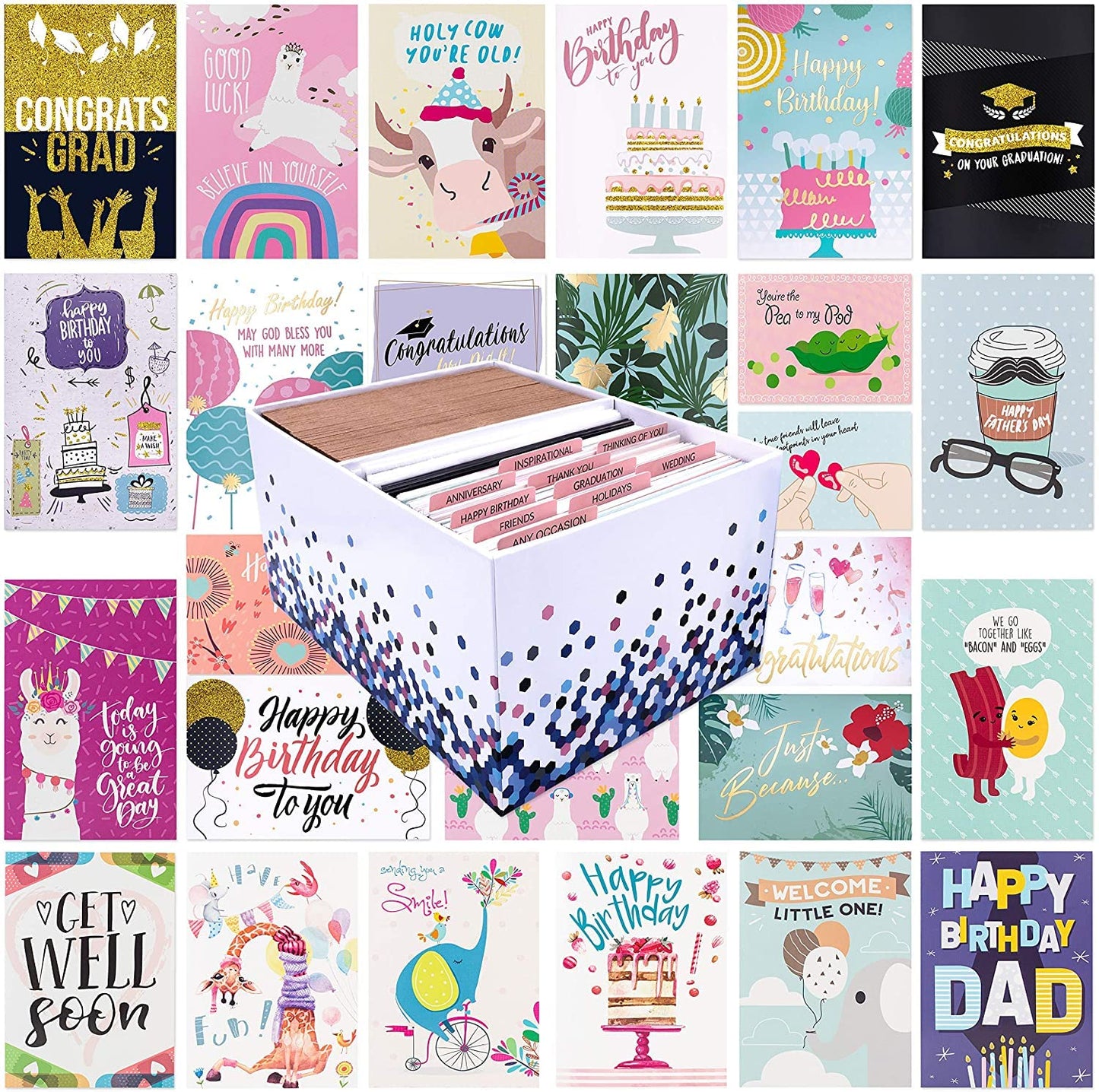 100 All Occasion Greeting Cards- 100 Eye Catching Designs with Greeting Card Organizer Box- Friendship, Anniversary, BFF, Thank You, Wedding Cards & More- 4 x 6 inches with 100 Envelopes