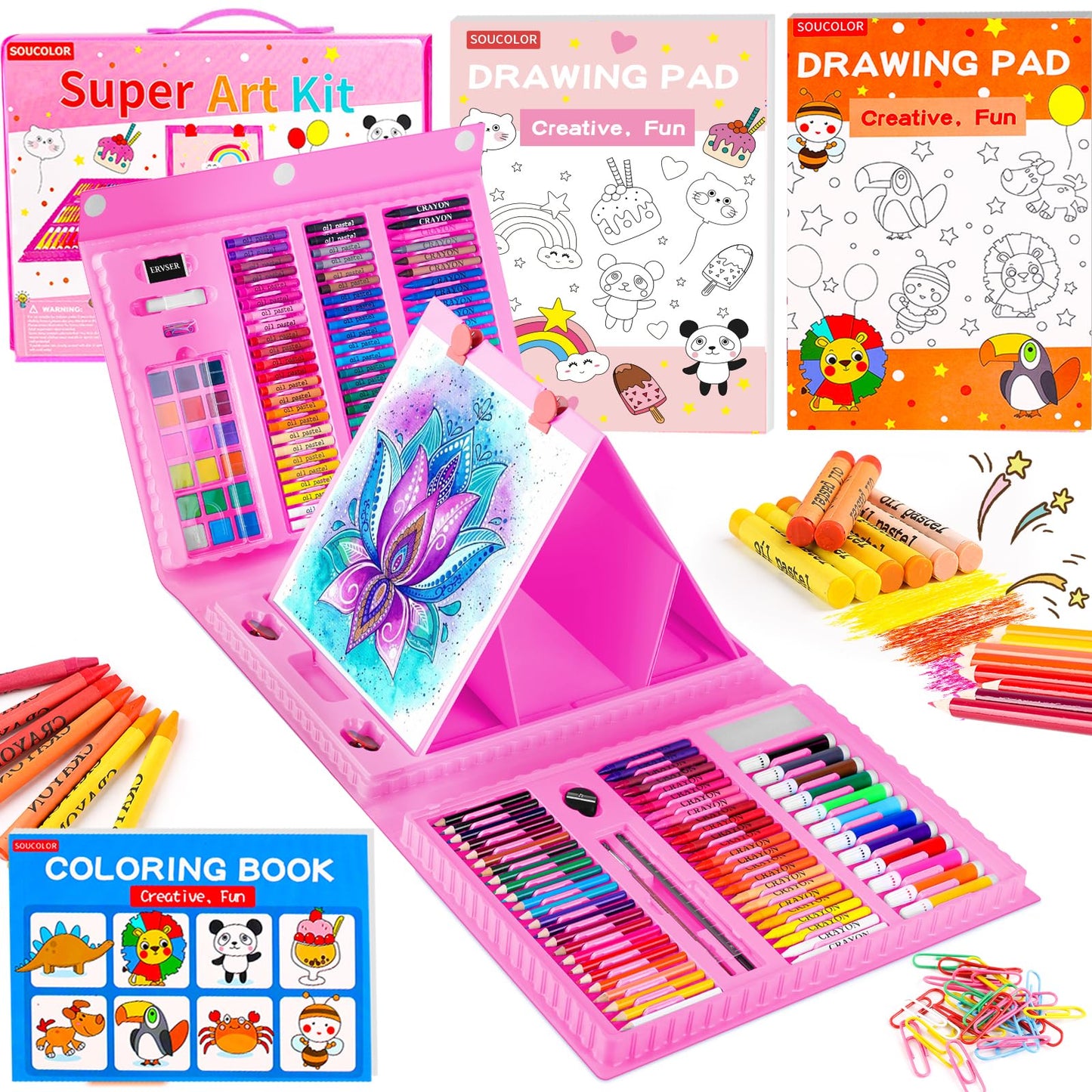 Soucolor Art Supplies, 283 Pieces Drawing Set Art Kits with Trifold Art Easel, 2 Drawing Pads, 1 Coloring Book, Crayons, Pastels, Arts Gifts Case, Coloring Set
