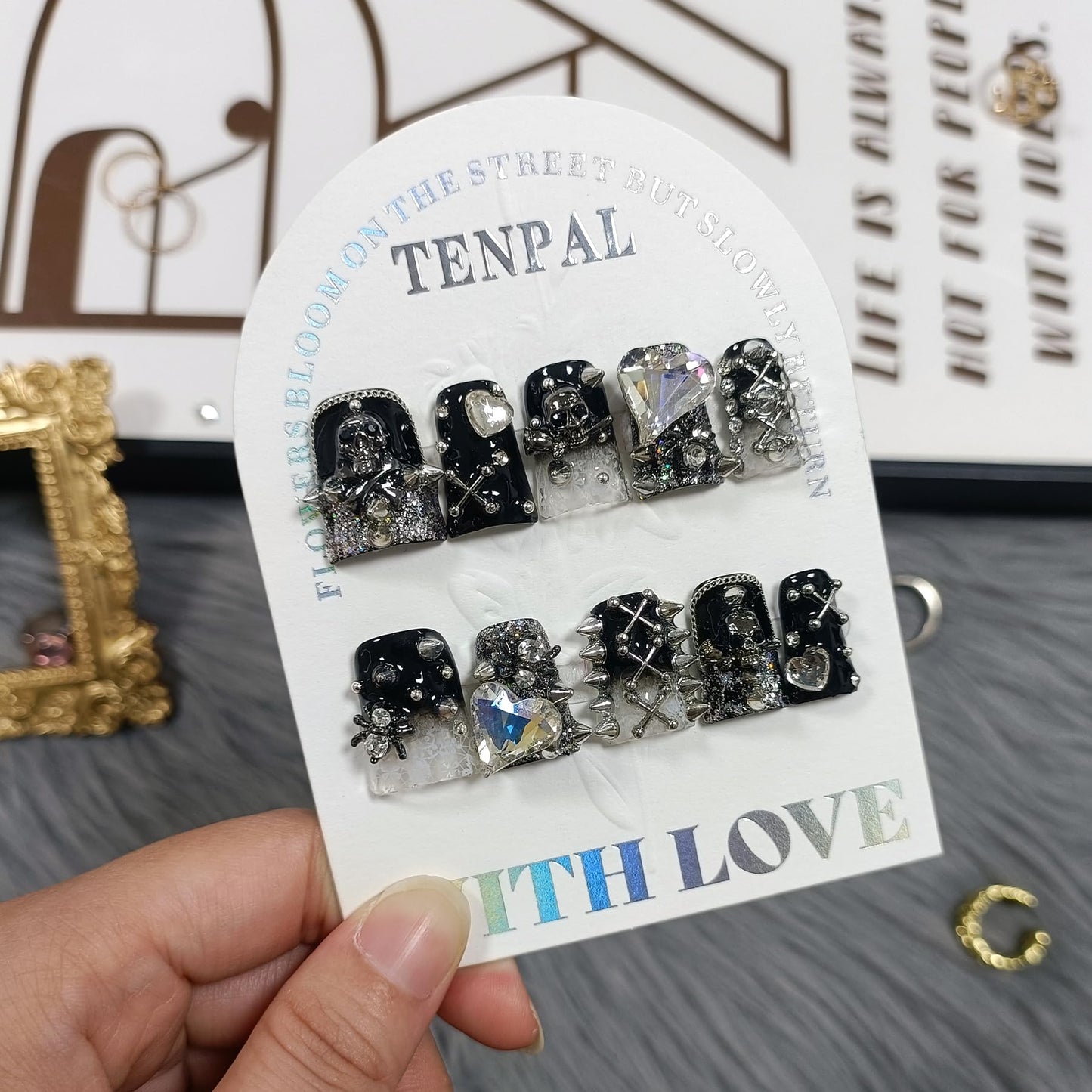 TENPAL 10Pcs Gothic Duck Nails Handmade Thick Press on Nails with Clip,Punk Studs Crystal Skull Short Duck Fake Nail Tips,Glossy Black Duckbill for Halloween Party,Reusable Dark Glam Glue on Nails(S)