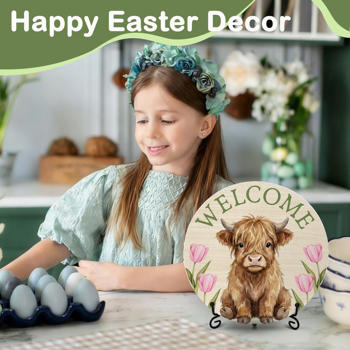PATCATE Spring Tulip Table Decor for Home Office, 8-In Highland Cow Welcome Signs for Rustic Farmhouse Room Decor, Western Easter Gifts for Women