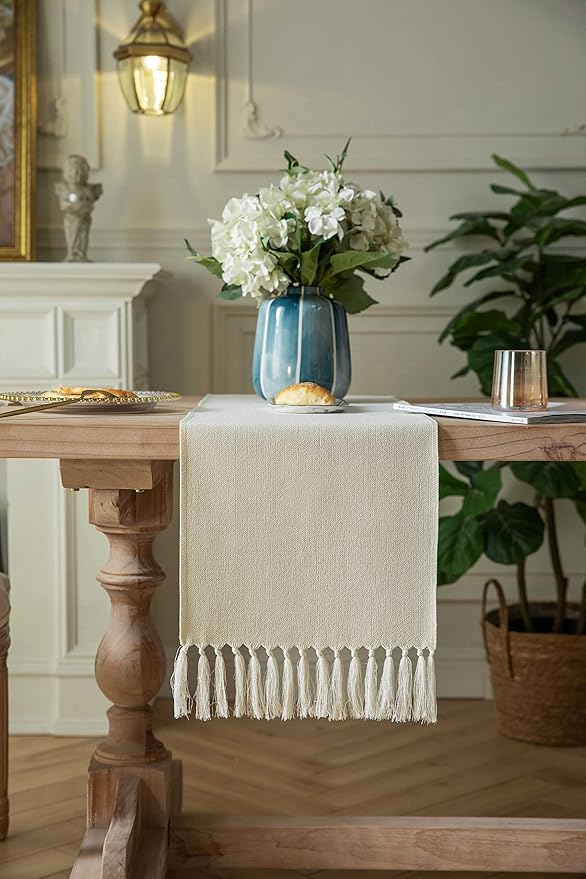 ZeeMart Cream Table Runners 60 Inches Long, Burlap Linen Style Rustic Farmhouse Table Runner, Boho Woven Dining Table Runner, 13x60 Inches, Cream
