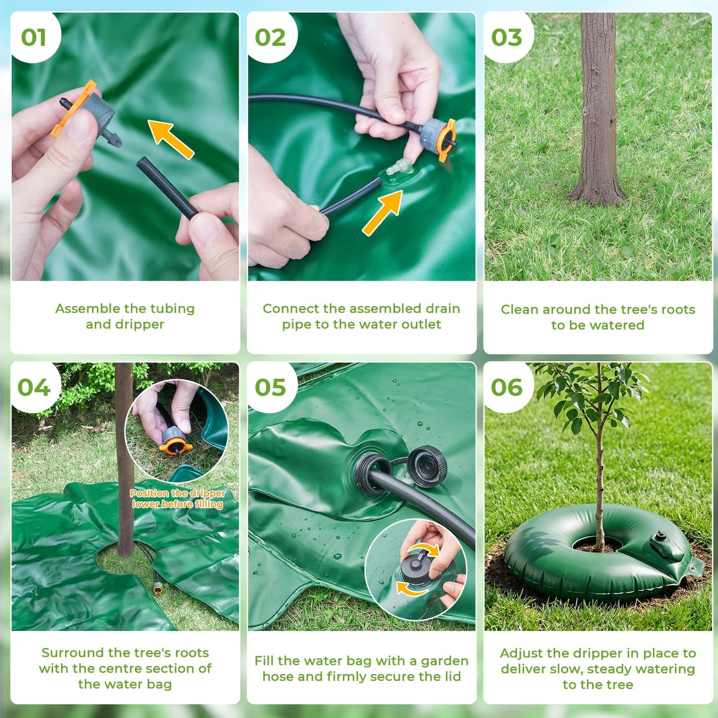 HIRALIY 15 Gallon Tree Watering Bag, 4 Pack Watering Ring, Slow Release 1-7 Days, Deep Root & Automatic Drip Irrigation System, for Multi-Trunk Newly Planted Small Trees and Shrubs
