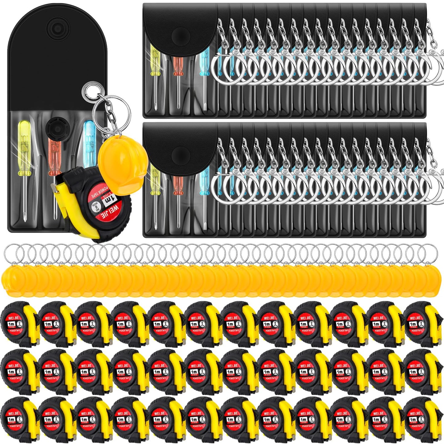 Jutom 108 Pcs Mini Construction Helmet Keychains Tape Screwdrivers Tool Adult Men Gifts Bulk for Easter Egg Stuffers Father's Day Construction Party Favors Gifts