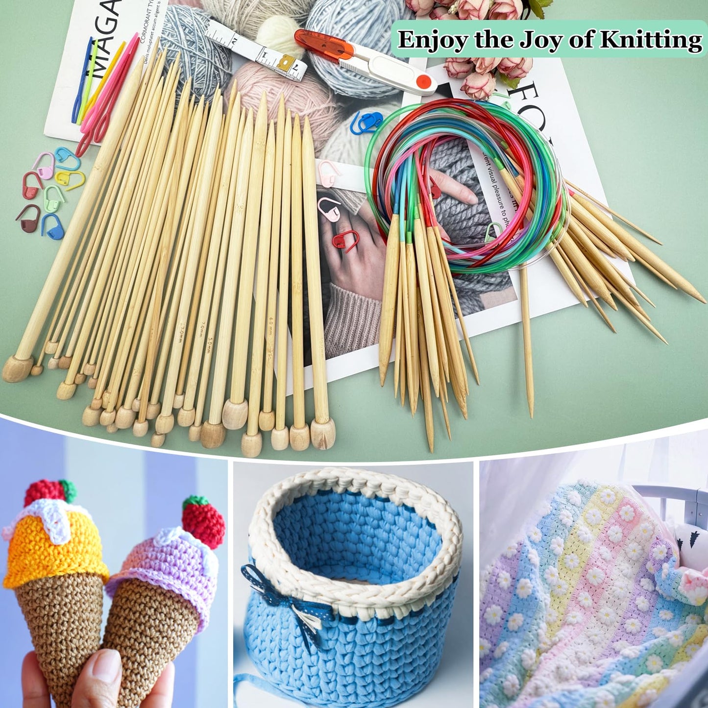 Hobekoee Knitting Needles Set,36 PCS 9.8" Straight Single Pointed Bamboo Knitting Needles ＆ 18 Pairs 31.5” Bamboo Circular Knitting Needles Set with Colorful Plastic Cable,18 Sizes: 2mm-10mm