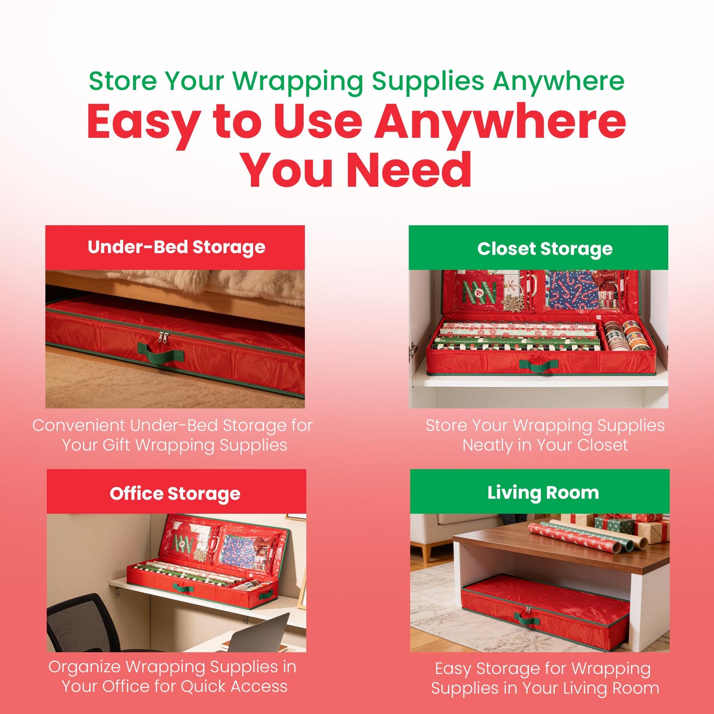 Handy Laundry Gift Wrap Storage Organizer, Easily organize Wrapping Paper, Ribbons, Bows, Scissors, Fits 18-24 Standard Rolls, Keeps Gift Supplies in Perfect Condition & Ready for Next Season, (Red)