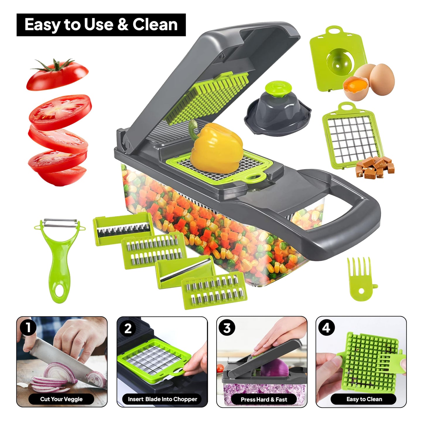 Pro-Series 16-in-1 Vegetable Chopper & Food Chopper with Container - Multi-Blade Cutter, ABS Mandoline Slicer, Fruit Slicer, Onion Chopper, Dicer, Grater, Kitchen Gadgets & Accessories