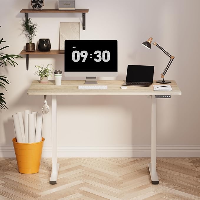 FLEXISPOT EN1 One-Piece Standing Desk, 48 x 24 Inches Electric Height Adjustable Desk for Home Office (White Frame + White Wood Grain Desktop)