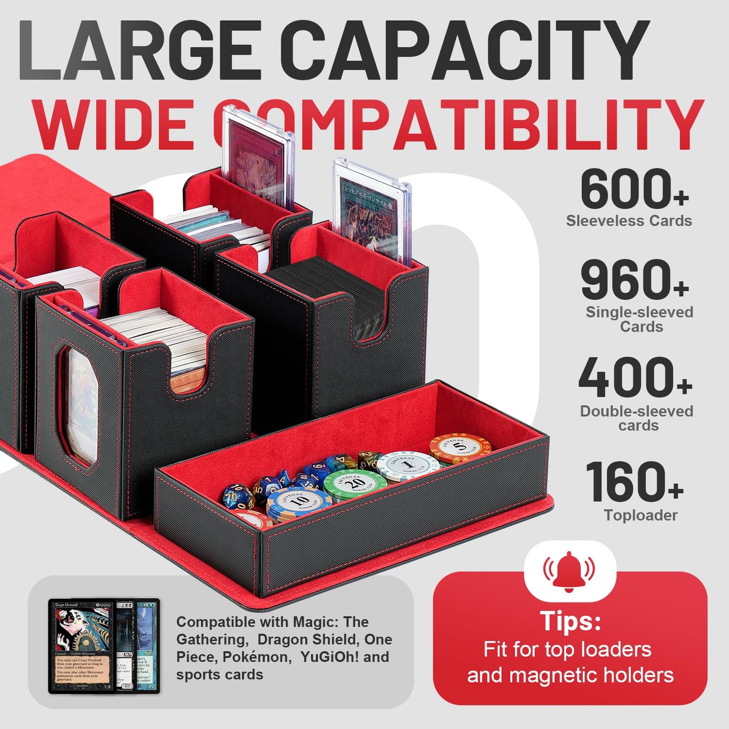 Trading Card Storage Box with Commander Display for MTG, TCG, Sports Cards, 5-in-1 Card Deck Box, Holds 450+ Double-Sleeved Cards, 4 Individual Deck Cases with Covers, Dice Tray & Magnetic Holders