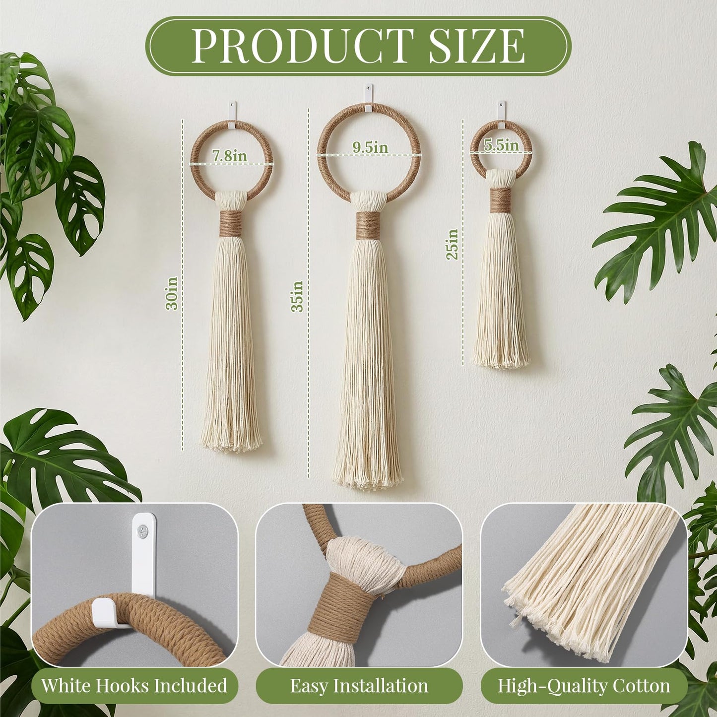 Tegeme 3-piece Macrame Wall Hanging Large Boho Wall Decor Set Extra Large Beige Boho Spherical Knot Tapestry with Long Fringe Handmade Cotton Yarn Art for Living Room Bedroom Nursery Dinning Room