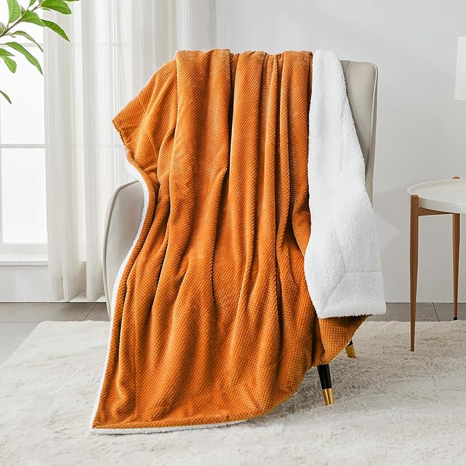 SOCHOW Waffle Sherpa Fleece Throw Blanket, Super Soft Fuzzy Warm, Lightweight Fluffy Reversible Plush Blanket for Bed Sofa Couch, 50 x 60 Inches Burnt Orange
