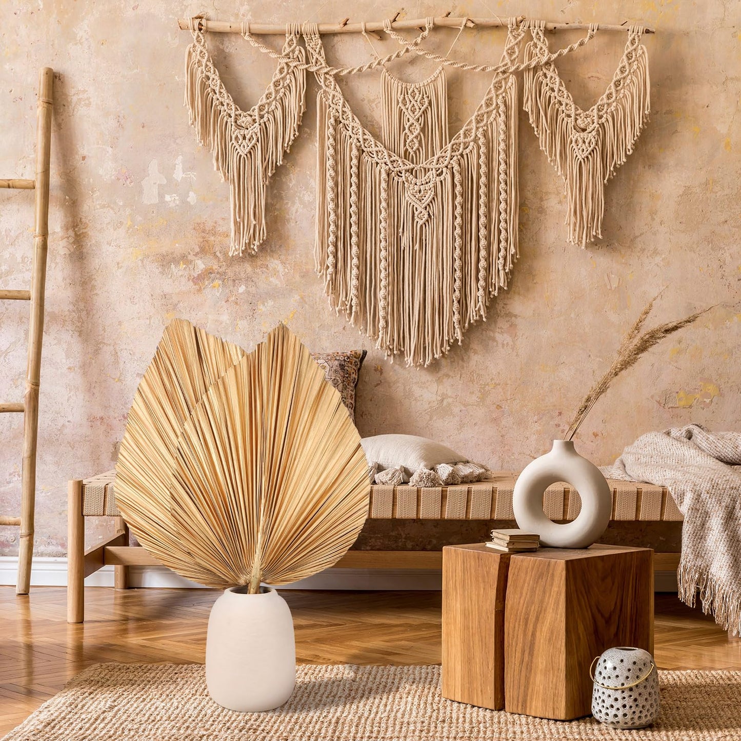 Ovveroche 4 Pcs Large Gold Dried Palm Leaves, Home Wedding Decor Natural Boho Dried Palm Fans with Stem,Tropical Palm Leaves Boho for Vase Baby Shower Anniversary