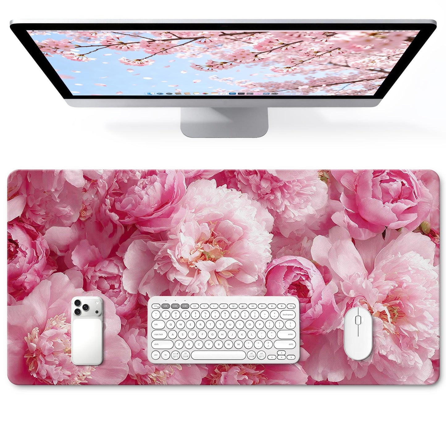 UGYAZX Desk Mat Desk Pad for Keyboard and Mouse, 31.5 x 15.7 in, Pink Peony Floral PU Leather Computer Protector, Non-Slip Base, Waterproof, Easy Clean for Office Gaming, Mouse Pad
