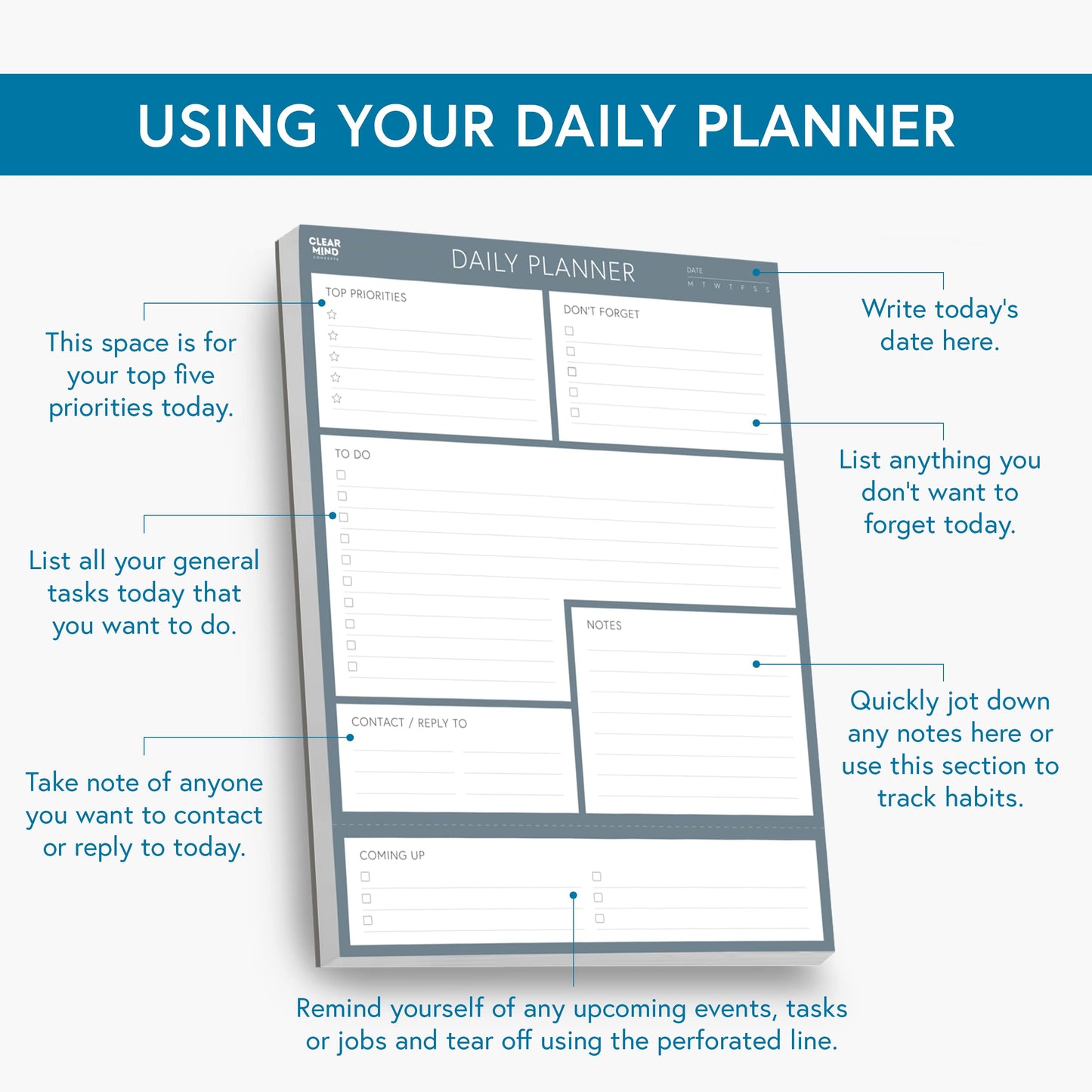 Daily Planner Desk Pad, Undated Tear Off To Do List Pad with Priorities and Notes, Thick 120gsm Paper, 100 Sheets, Small Desk Pad for Work Office, 5.6 x 8.3 Inches