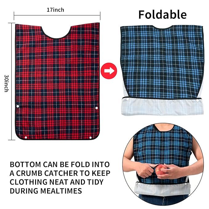 XKDOUS 2pcs Adult Bibs For Men Washable, Reusable Waterproof Large Bibs For Adult, Clothing Protector With Crumb Catcher,Bibs For Eating, Feeding Adult Bibs For Women Elderly Men Senior Citizens Gifts