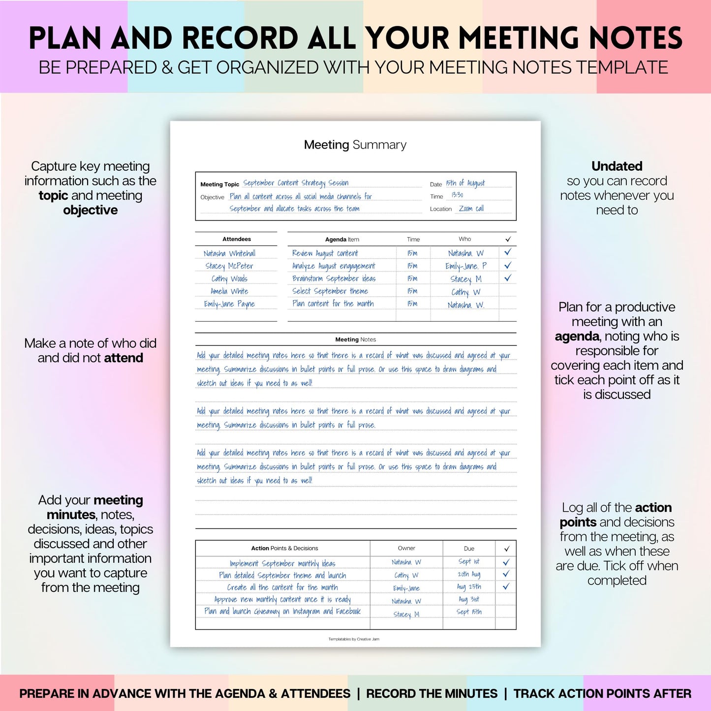 Meeting Minutes Note Taking Professional Notebook | Plan, Record and Track Actions from all your Important Meetings - A5 Pastel Rainbow