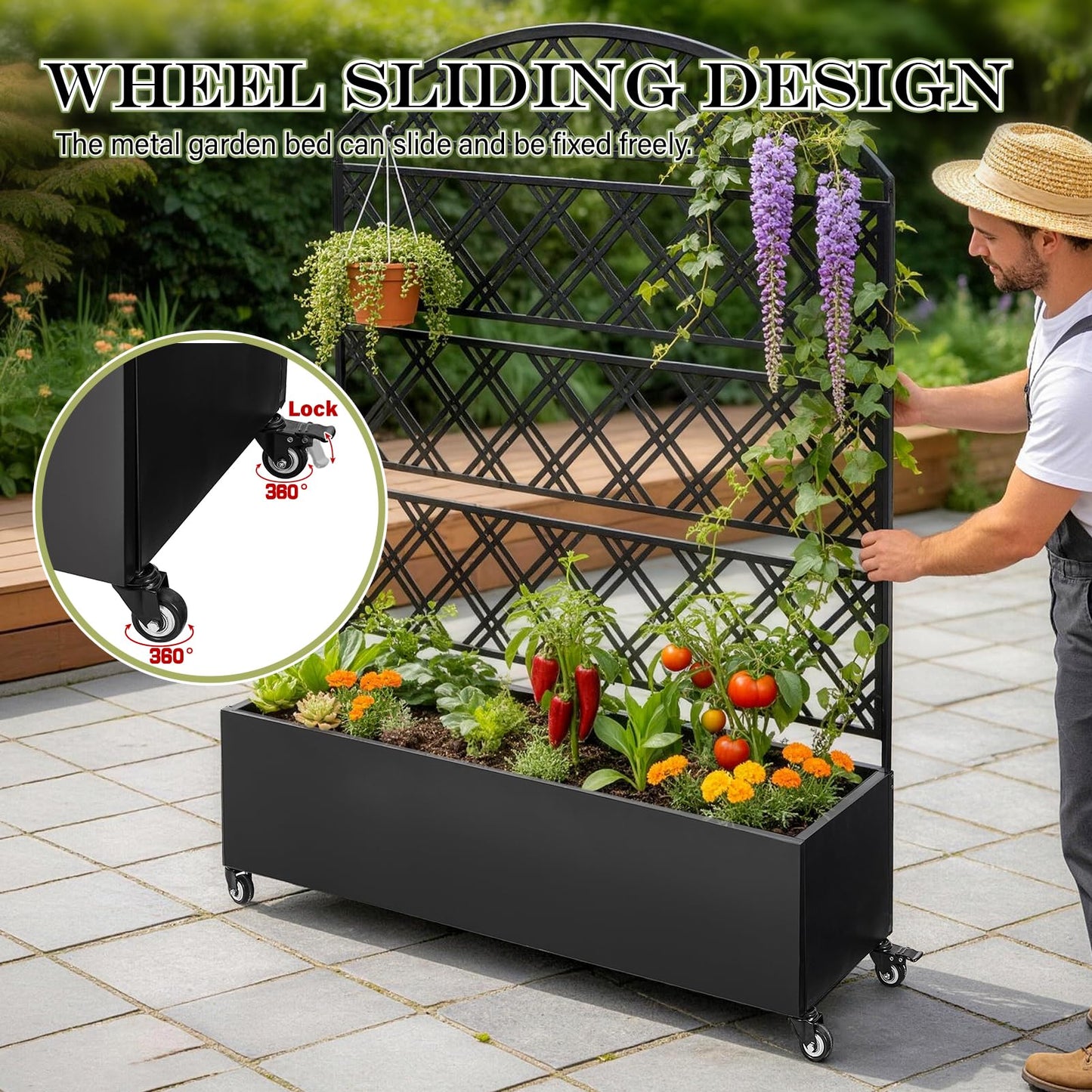 Metal Planter Box with Trellis Raised Garden Bed on Wheels Galvanized Steel Privacy Screen for Patio,Large Self-Watering Container with Drainage Holes for Climbing Plants Vegetables Flowers (Dome)