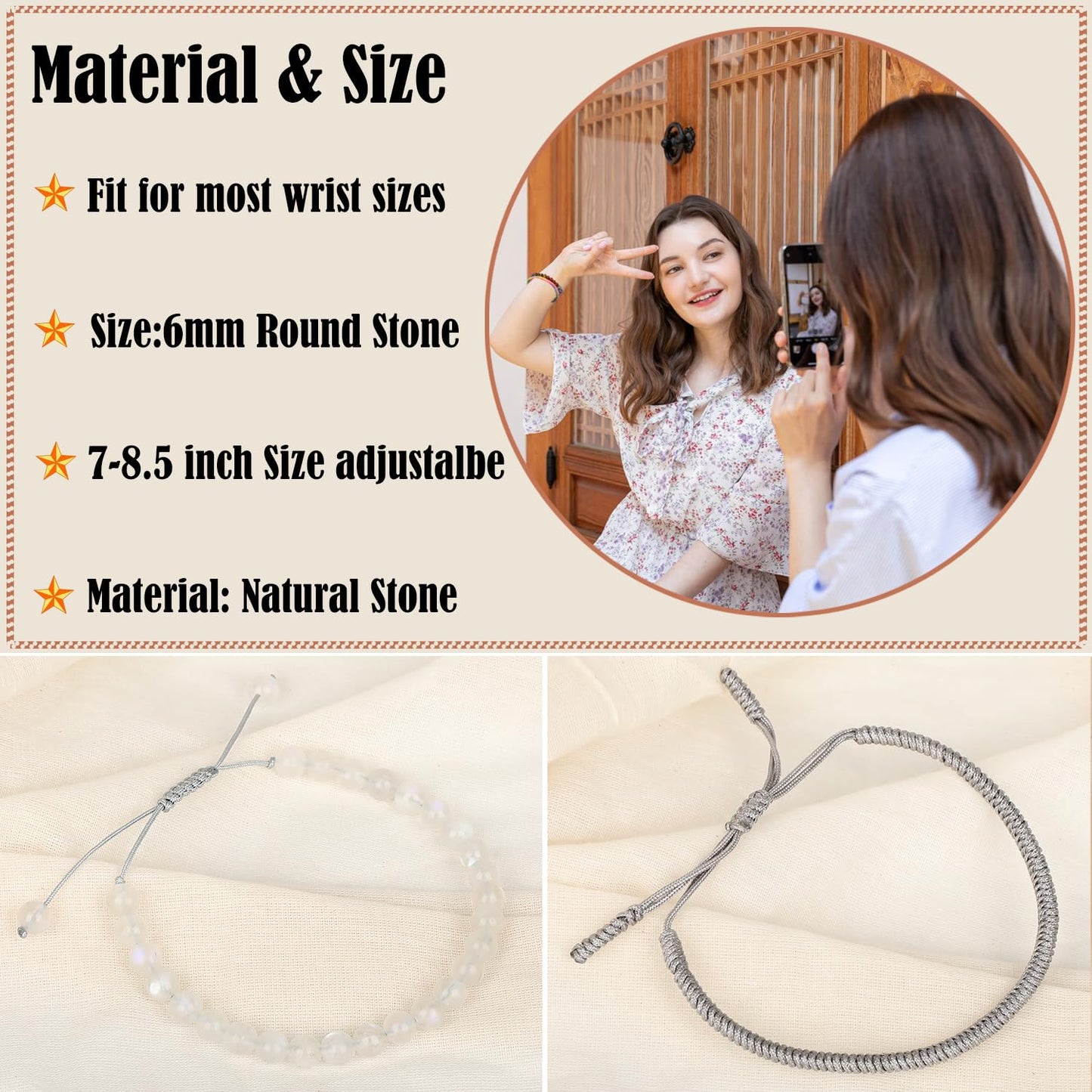 LPBeads 6mm White MoonStone Bracelet with Handmade Rope Bracelet Size Adjustable Natural Stone Crystal Healing Bracelets Gifts for Unisex Adults