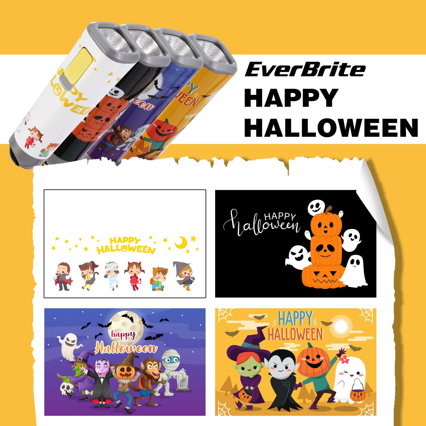 EverBrite 4-Pack Halloween Flashlights Halloween Gifts, Small LED Flash Light Handheld Torch with Lanyard 12AAA Battery Included, Mixed Color, E012070AE