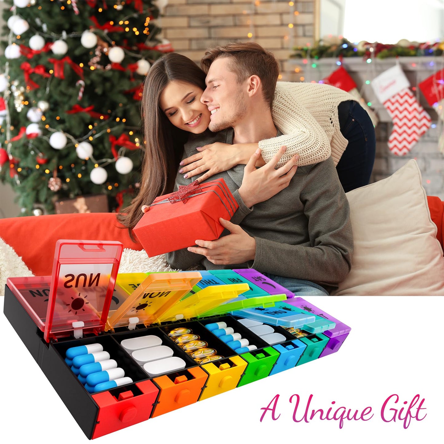 Push Button Weekly Pill Organizer 2 Times a Day, Medicine Pill Organizer, Pill Box Case 7 Day AM PM, Pill Container for Vitamins, Fish Oil, Supplements Medication (Colorful)