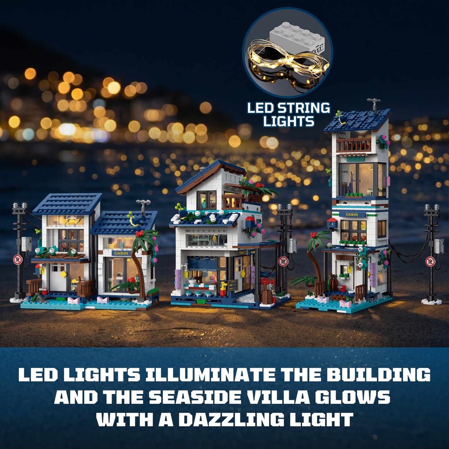 3 in 1 Japanese Style Building Set with Light, Creative Beach House, Lighthouse & Restaurant Model, Architecture Building Blocks Set, for Architecture Lovers