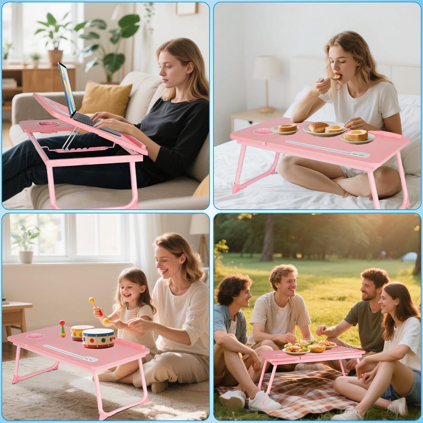 Laptop Bed Desk, Adjustable Lap Desk, Small Laptop Table with USB Charge Port, Desktop Card &Pen Slot, Cup Holder, Foldable Bed Tray Table for Couch Sofa Chair Floor Eating Working