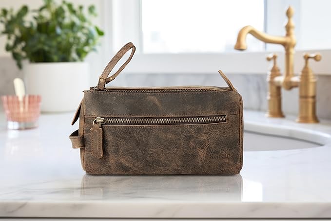 KomalC Premium Buffalo Leather Toiletry Bag for Men & Women – Leather Dopp Kit With Water resistant Lining, Premium Toiletry Travel Pouch, Unisex Wash Bag for Toiletries, Gifts for Men and Women