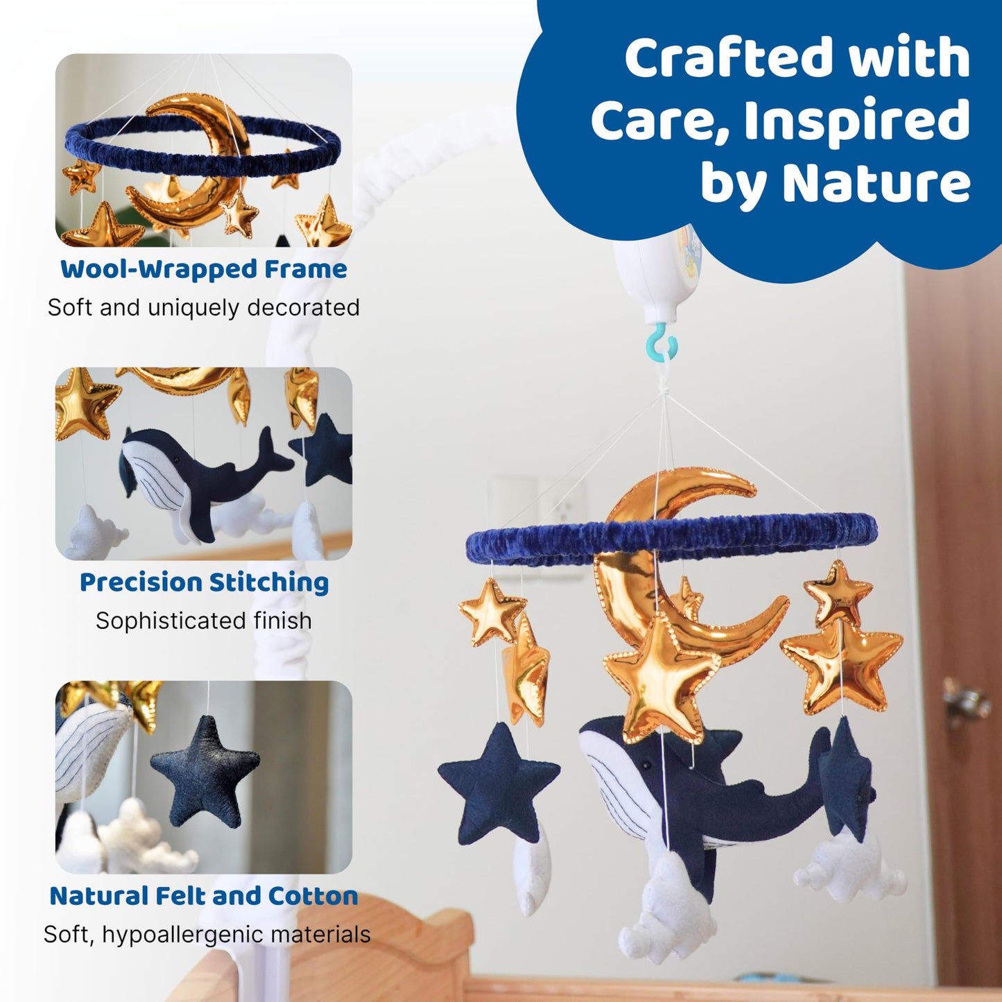 Whale Baby Mobile for Crib - Nautical Stars & Moon Crib Mobile for Boys - Rotating Musical Baby Boy Mobile with 12 Lullabies - Navy Blue Nursery Decor Gift