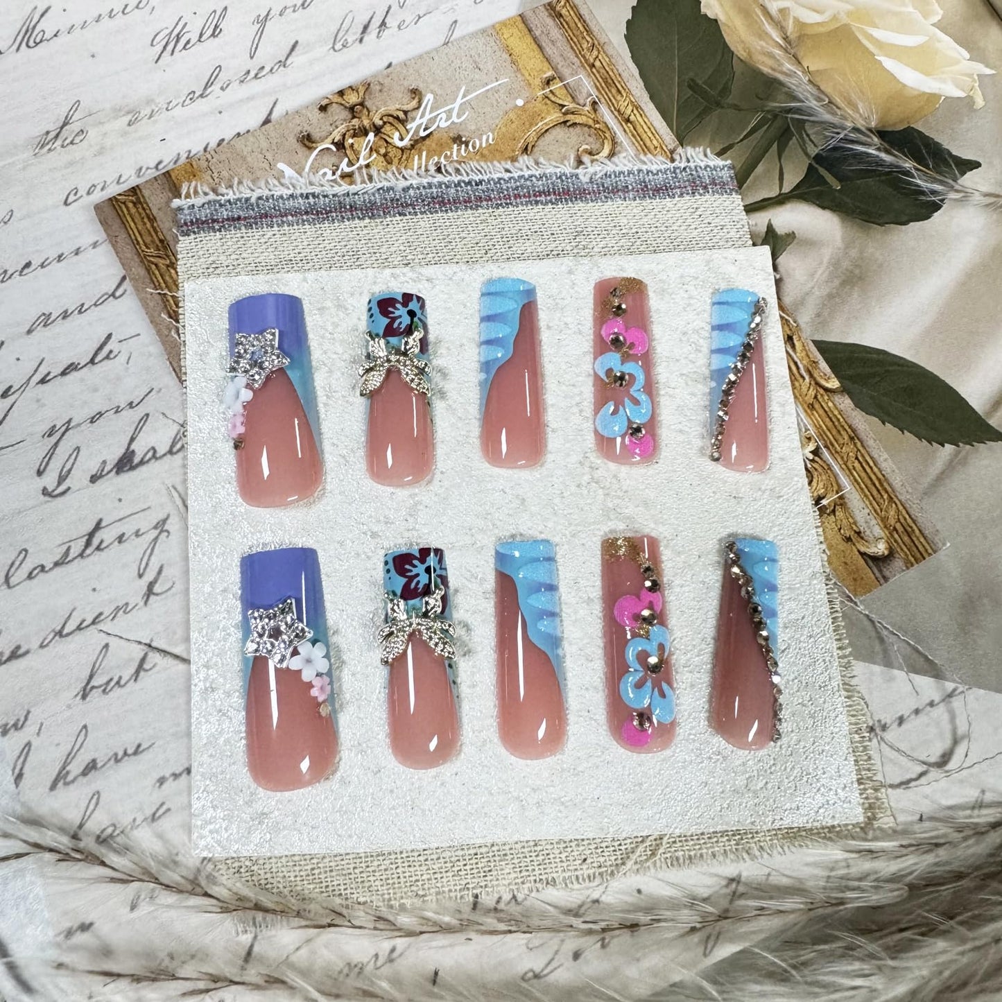 IMRAIN Press on Nails Long Square Fake Nails Blue Purple Flower Acrylic False Nails with Butterfly Rhinestone Designs Glossy Luxury Handmade Glue on Nails