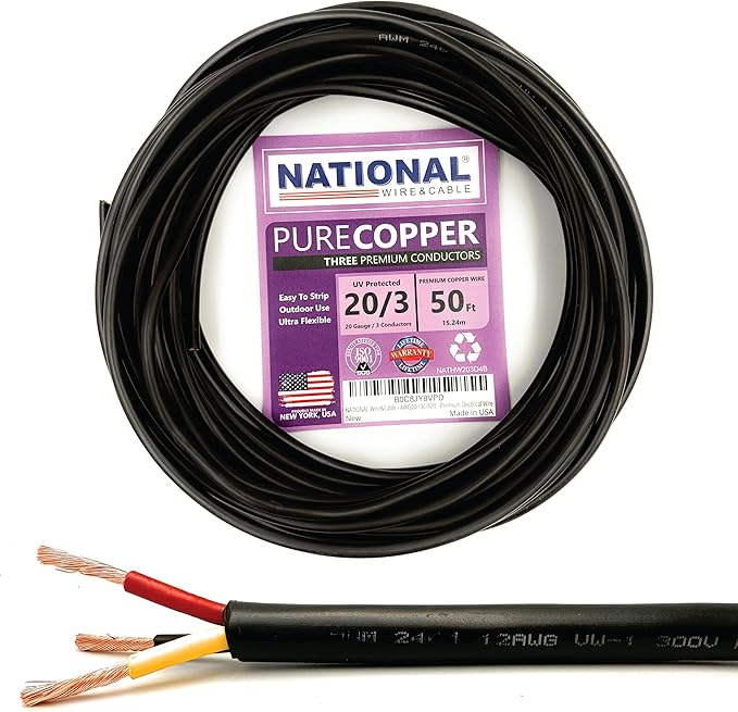 NATIONAL Wire & Cable – 20 AWG 3-Conductor Premium Copper Wire, 50 ft, Stranded | Made in USA, Flexible Jacket | Electronics, Controls, DIY Wiring, Indoor and Outdoor Use