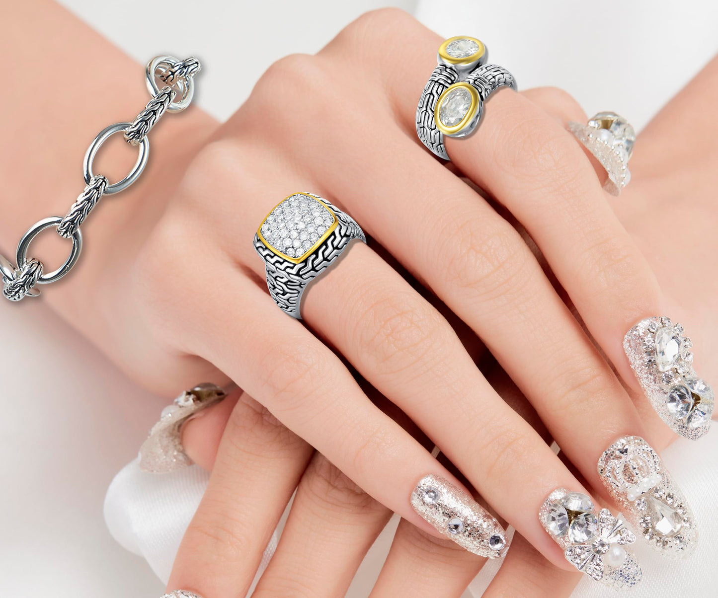 UNY JEWEL Jewelry Ring Multi Strand Foxtail Chain Woven Pattern Inlay 6 by 8 Oval CZ Vintage Antique Two Tone Elegant Designer Inspired Ring (Size 9 CLEAR)