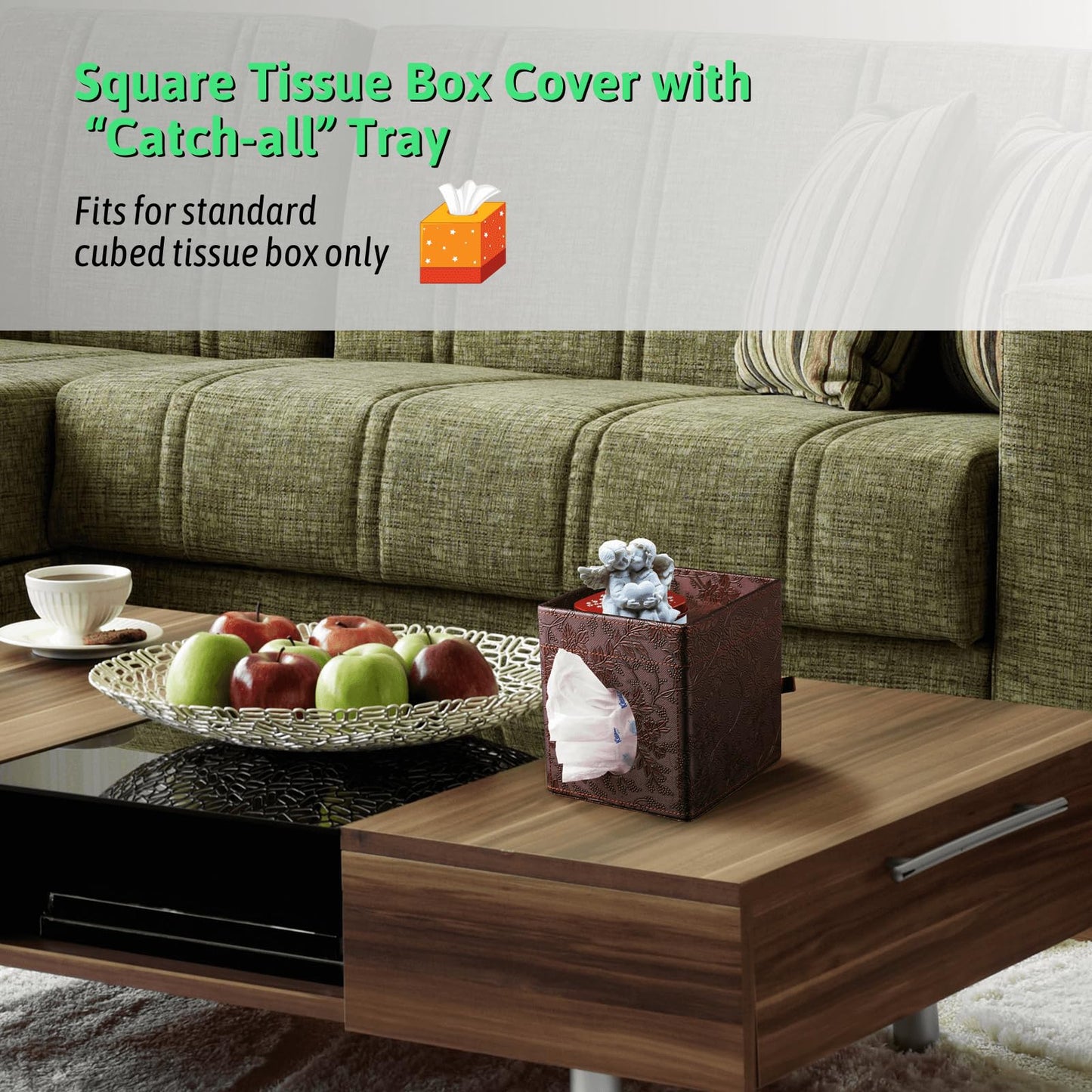 Lorteme Tissue Box Cover, PU Leather Square Tissue Box Holder with Upper Storage Tray for Bathroom/Countertop/Nightstand/Office Table - Antique