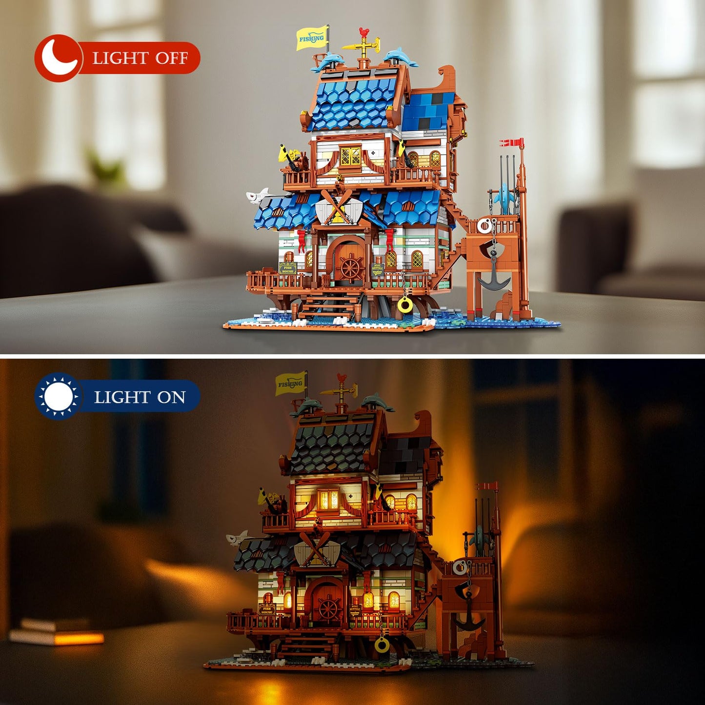 Reobrix Medieval Fishing Store Lighting Building Block Sets for Adults, Medieval Architecture Display or Home Office Decor, Creative Construction Building Kits 66007, Idea Gift for Adults