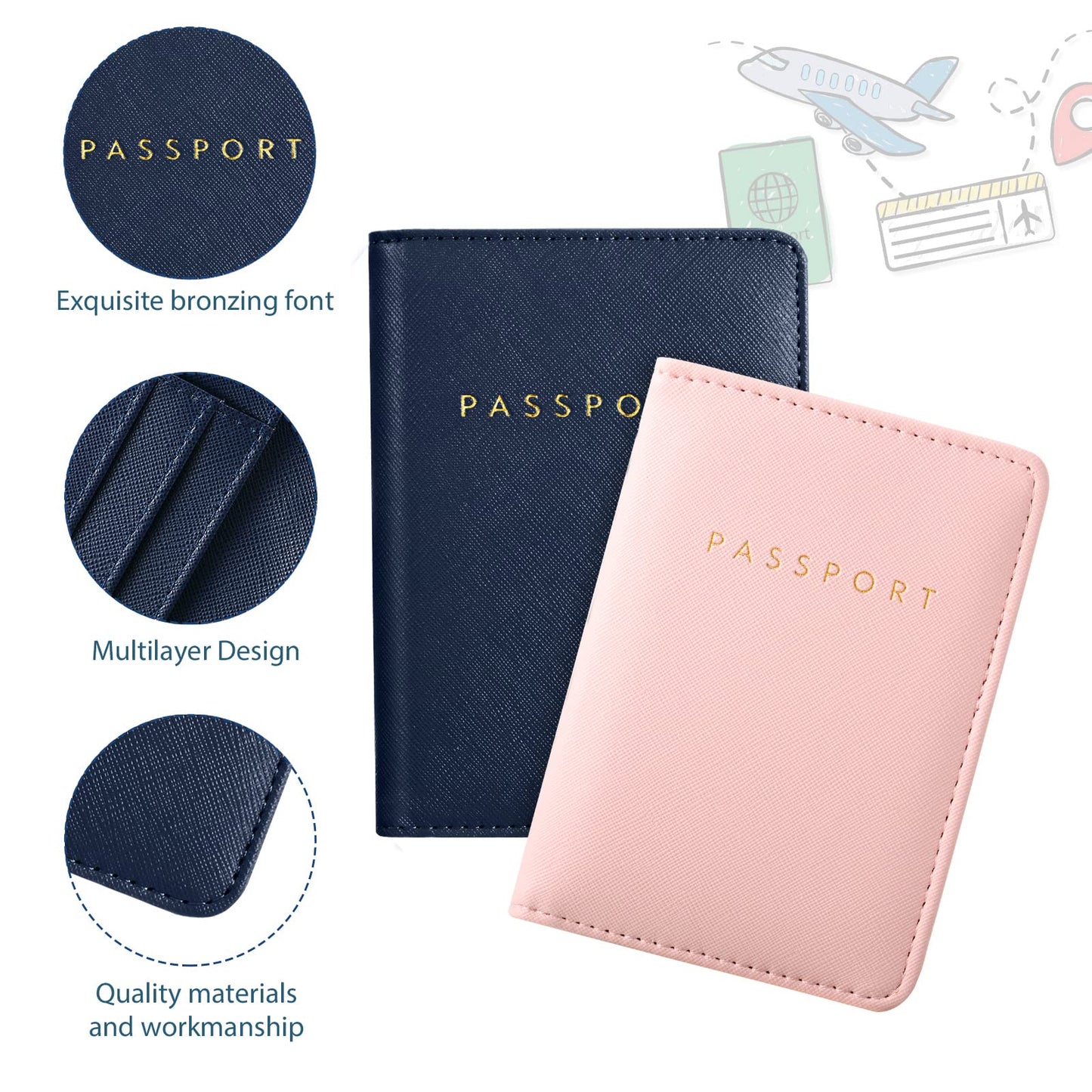 Frienda 2 Pieces Bridal Passport Covers Holder Travel Wallet Passport Case, Blue and Pink, Classic