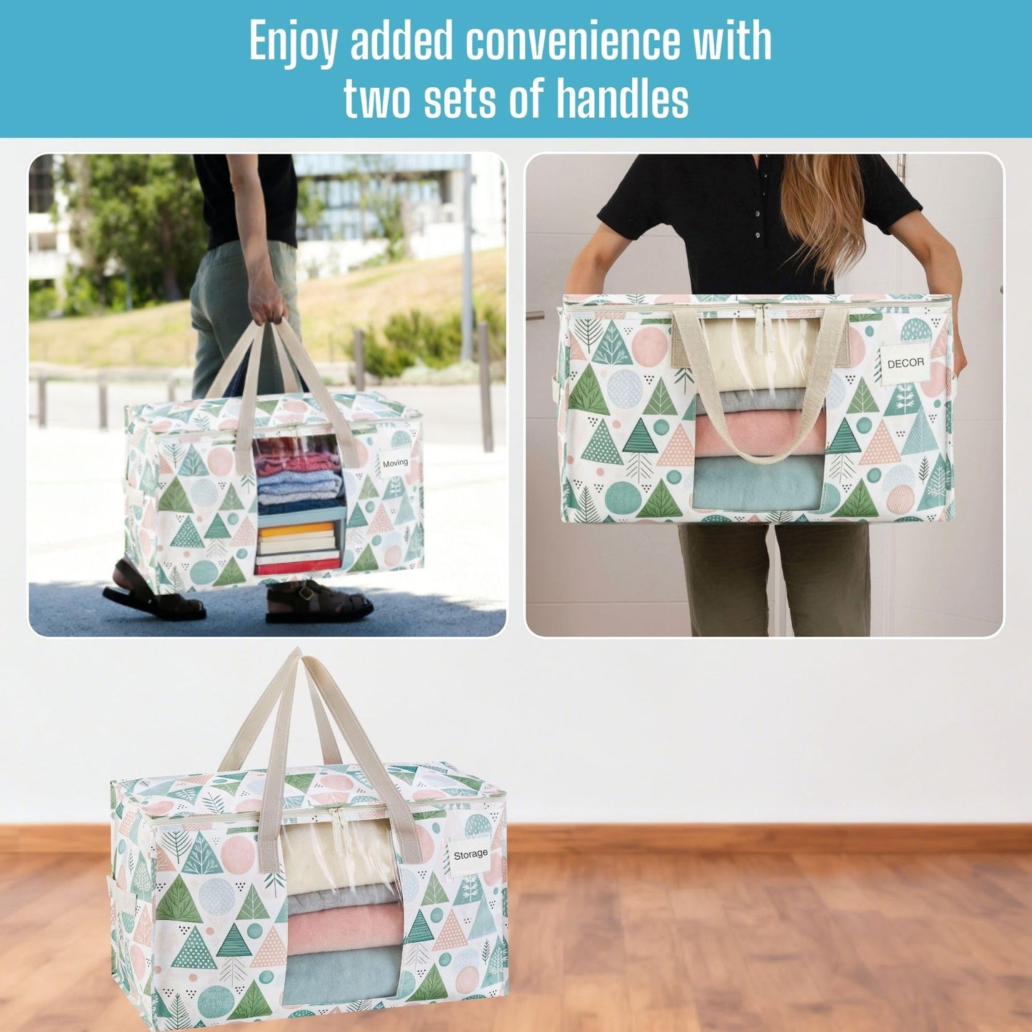 VENO 4 Pack Moving Bags, Large Christmas Storage Bins with lids, Packing Supplies for College, Alternative to Moving Boxes, Foldable, Heavy-Duty Tote, Christmas Pattern (Pastel Forest, 4 Pack)